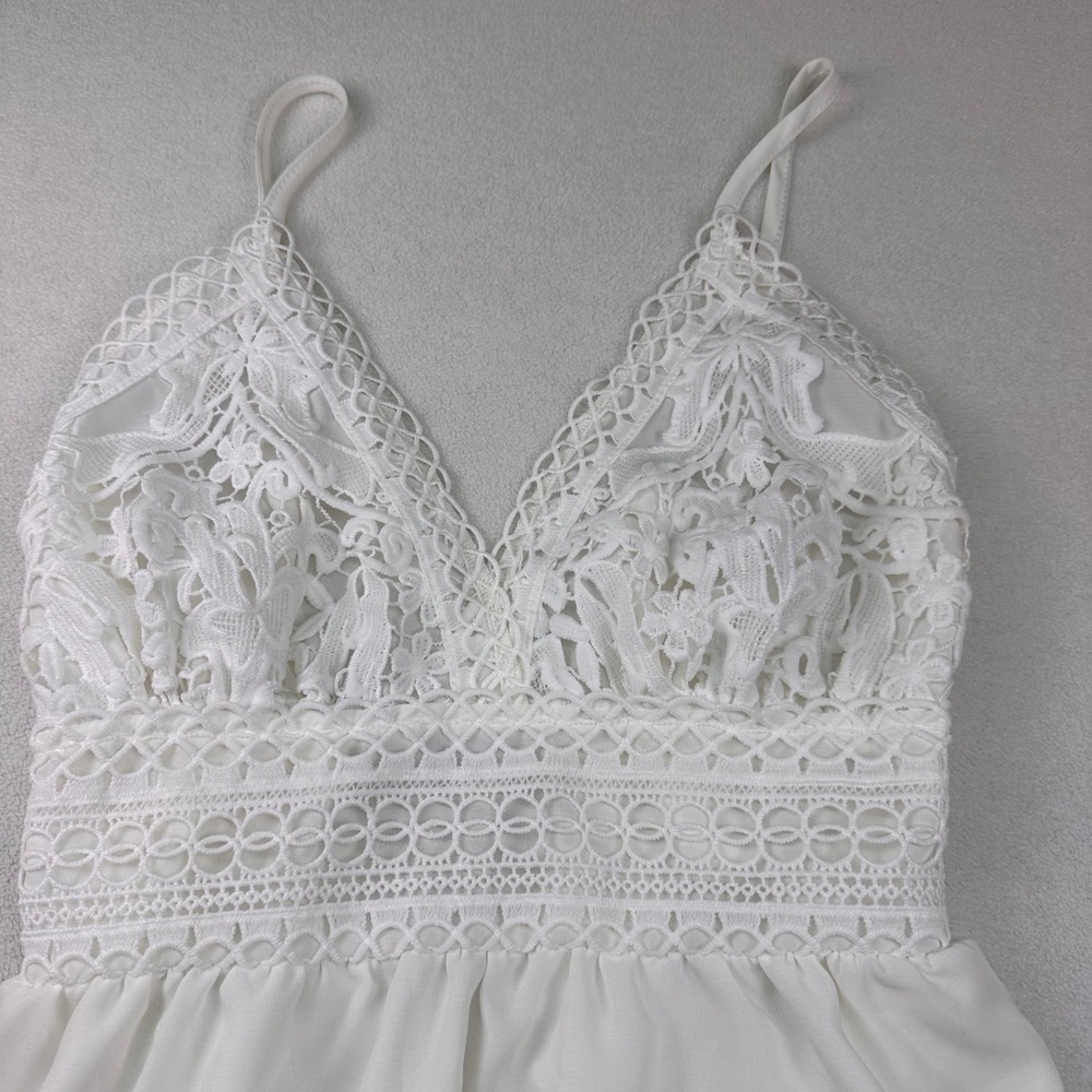 Crochet Lace Tiered Midi Dress Boho Back Bow Sun Sz M Coastal Cottagecore Bridal - Picture 5 of 11